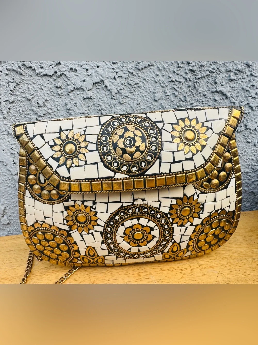 Antik Kraft Handmade White and Gold Mosaic Metal Clutch Bag |Artisanal Crossbody - Picture 8 of 9